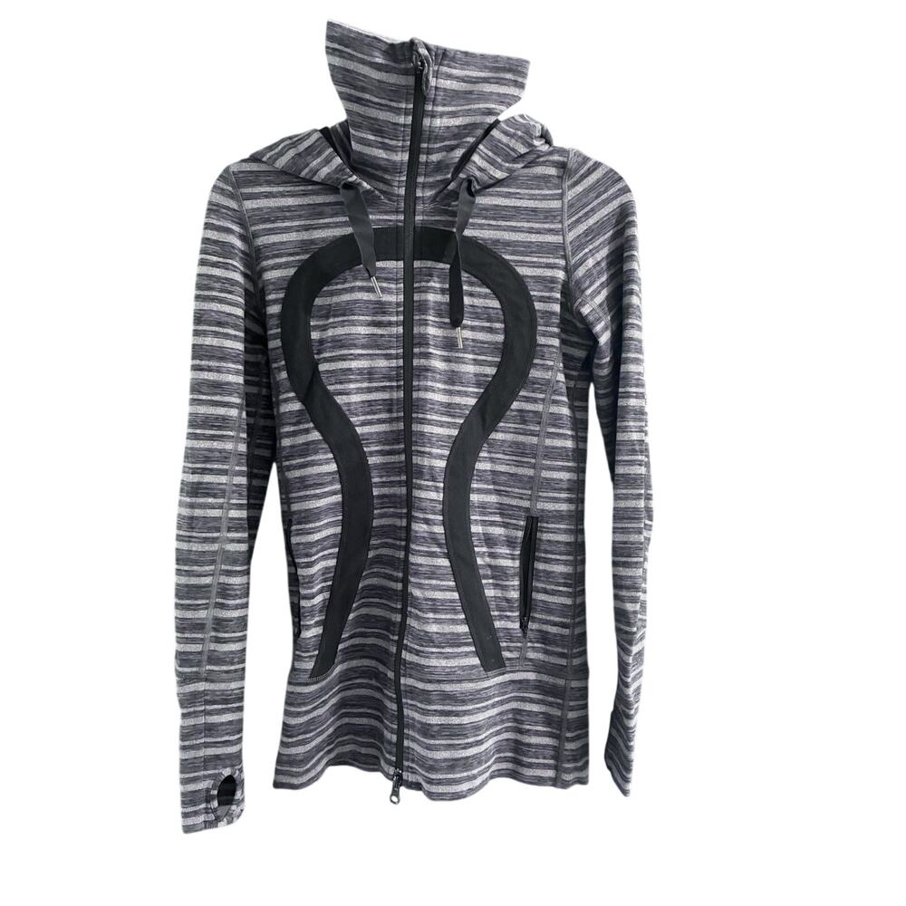 Lululemon Stride Jacket Full Zip Hood Thumb Holes Womens Size 4 Purple Black